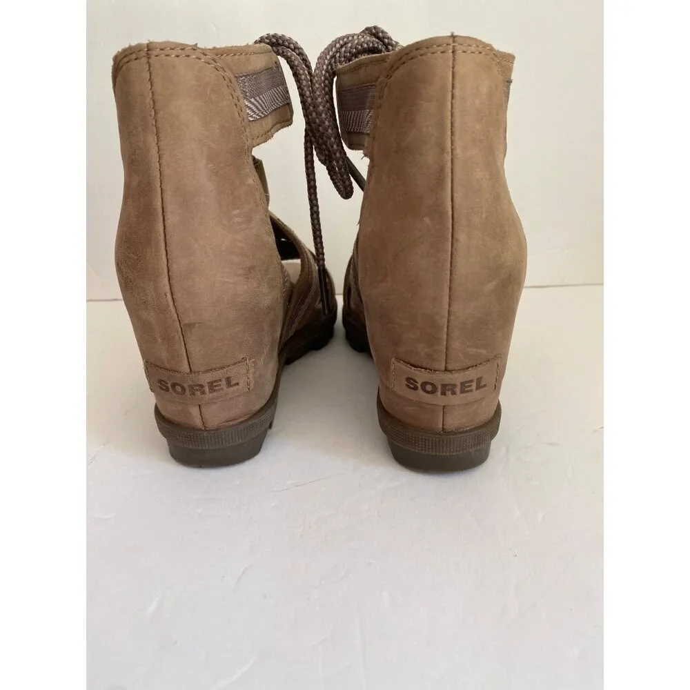 Sorel Joanie ll Lace Webbing Ash Brown Open Toe Cut Out Wedge Heel Sandal 8 - Picture 4 of 7